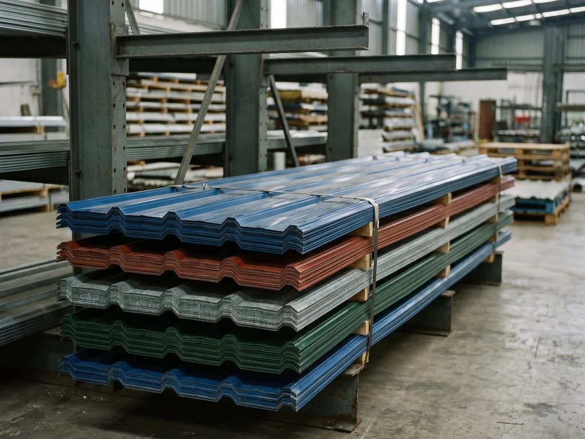 Stacked corrugated roofing sheets in blue, red, grey, green, and silver